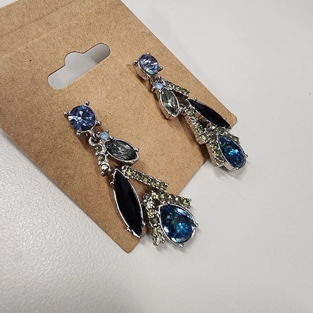 Rhinestine Drop Earrings Silver-tone Statement Prom Party Classy Blue Black Gray